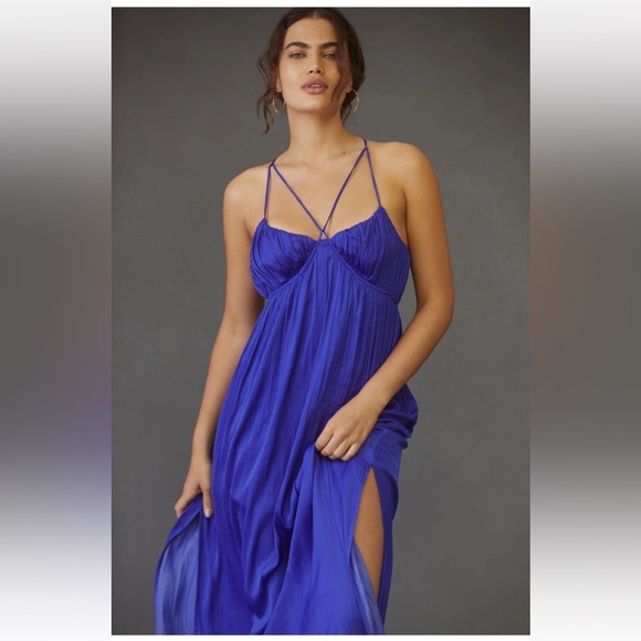 Anthropologie Halter Side-Slit Maxi Blue Dress formal summer dress - Picture 1 of 9